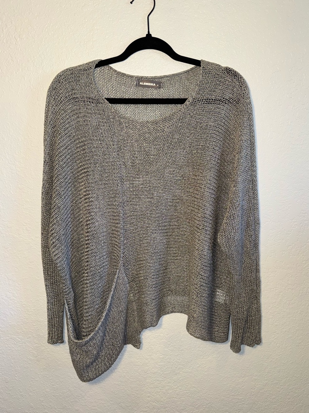 ALEMBIKA Gray Tan Asymmetrical Knit Mesh Pullover Lagenlook Dolan Sleeve Top M - Picture 2 of 9